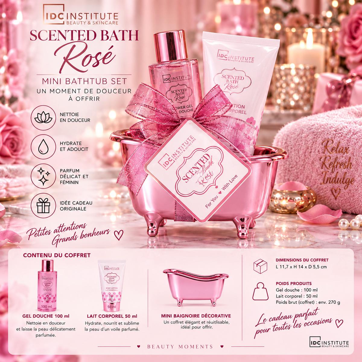 Lot de 4 coffrets - Coffret Scented Bath Rosé Mini Bathtub Set – Gel Douche & Lait Corps – IDC Institute