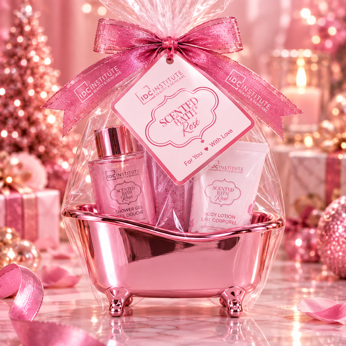 Lot de 4 coffrets - Coffret Scented Bath Rosé Mini Bathtub Set – Gel Douche & Lait Corps – IDC Institute