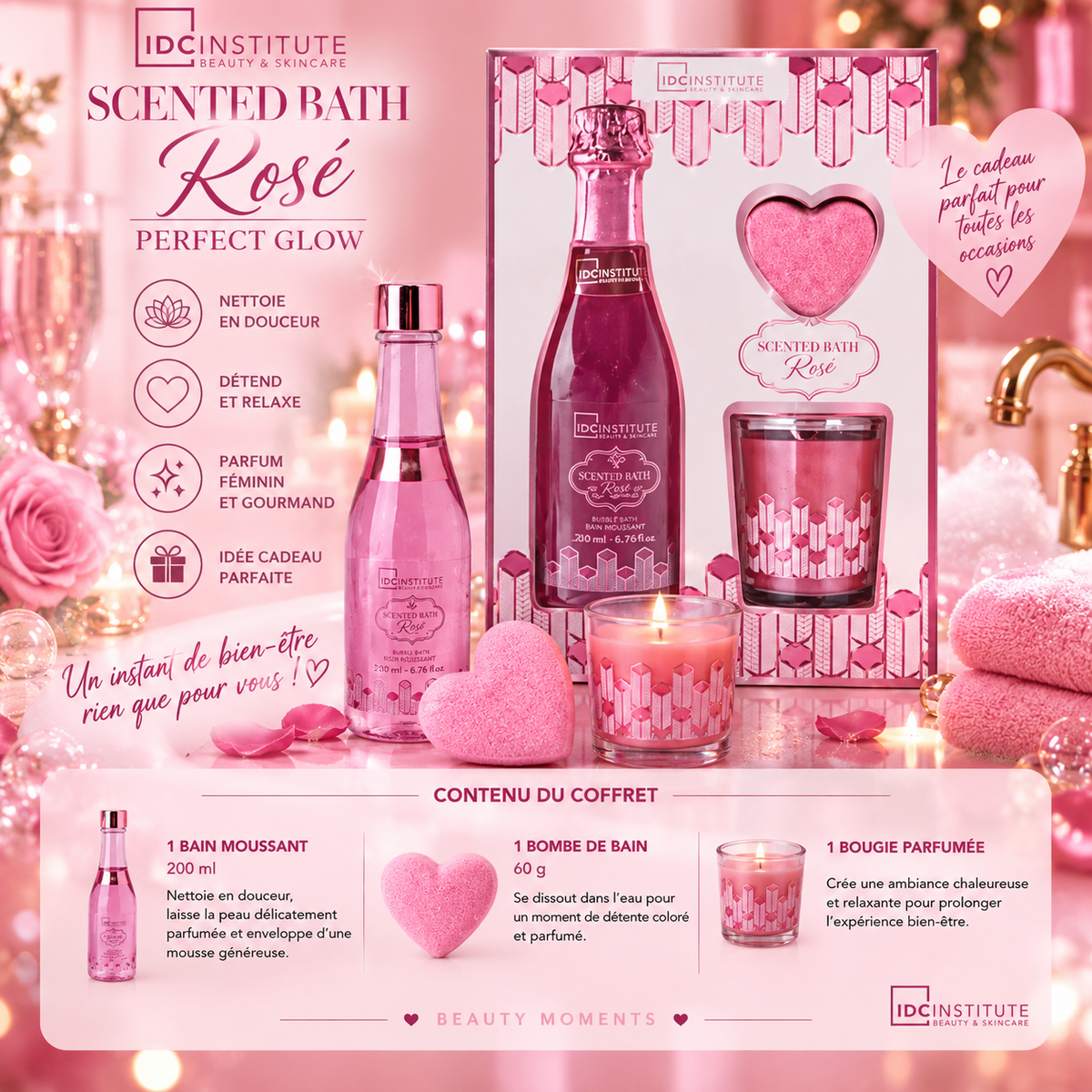 Lot de 4 coffrets - Coffret Scented Bath Rosé Perfect Glow – Bain Moussant, Bombe de Bain & Bougie – IDC Institute