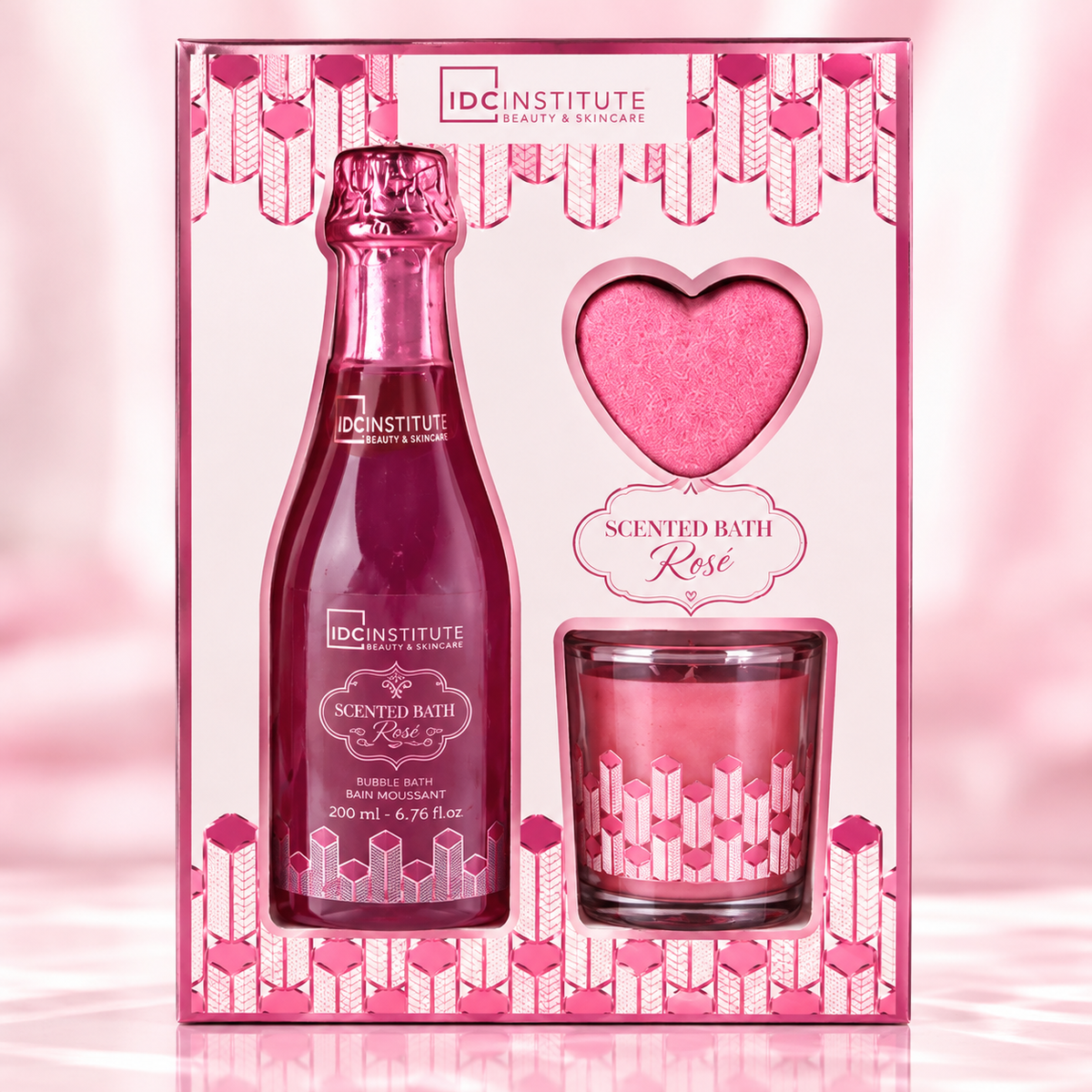 Lot de 4 coffrets - Coffret Scented Bath Rosé Perfect Glow – Bain Moussant, Bombe de Bain & Bougie – IDC Institute