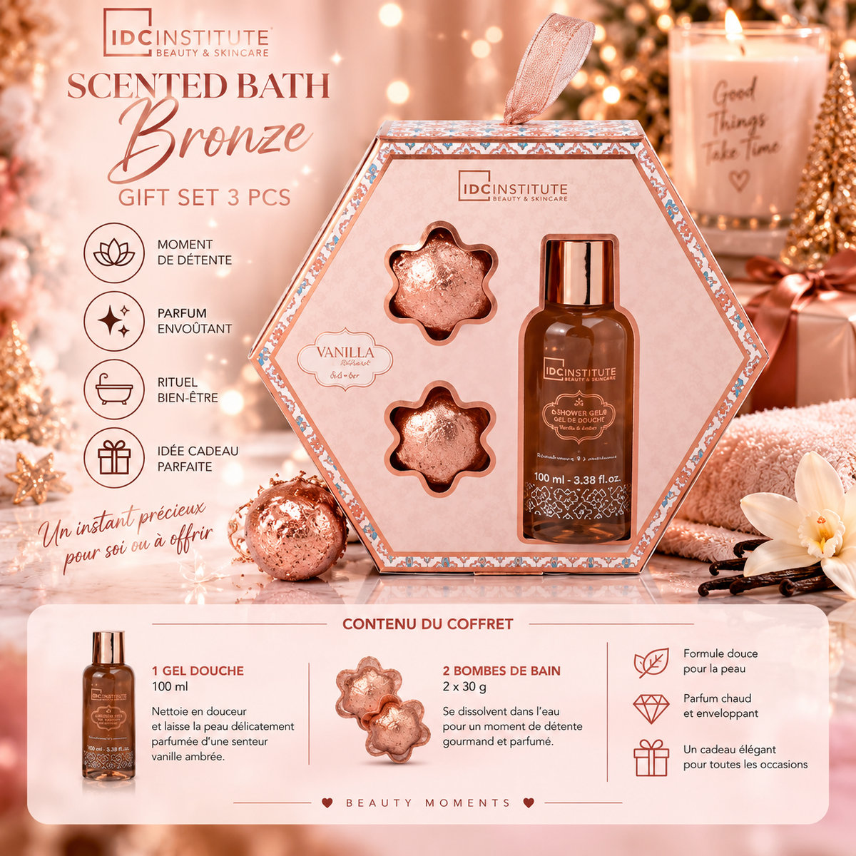 Lot de 4 Coffrets - Coffret Scented Bath Bronze Gift Set 3 PCS – Gel Douche & Bombes de Bain – IDC Institute
