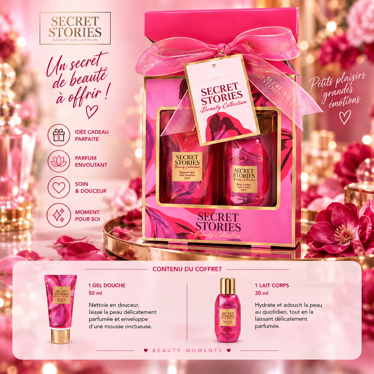 Lot de 4 Pièces - Coffret Secret Stories – Beauty Collection – Gel Douche 50 ml & Lait Corps 30 ml