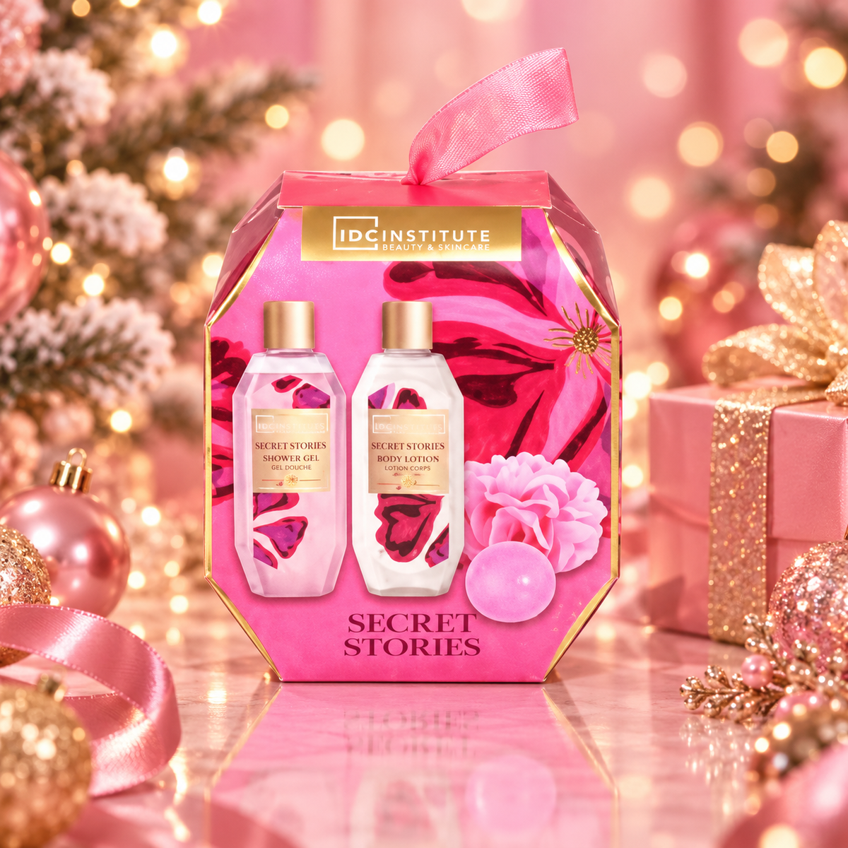 Lot de 4 Pièces - Coffret Secret Stories Blooming Gift Ornament – Gel douche, lait corps, bombe de bain et fleur de bain - Idc Institute