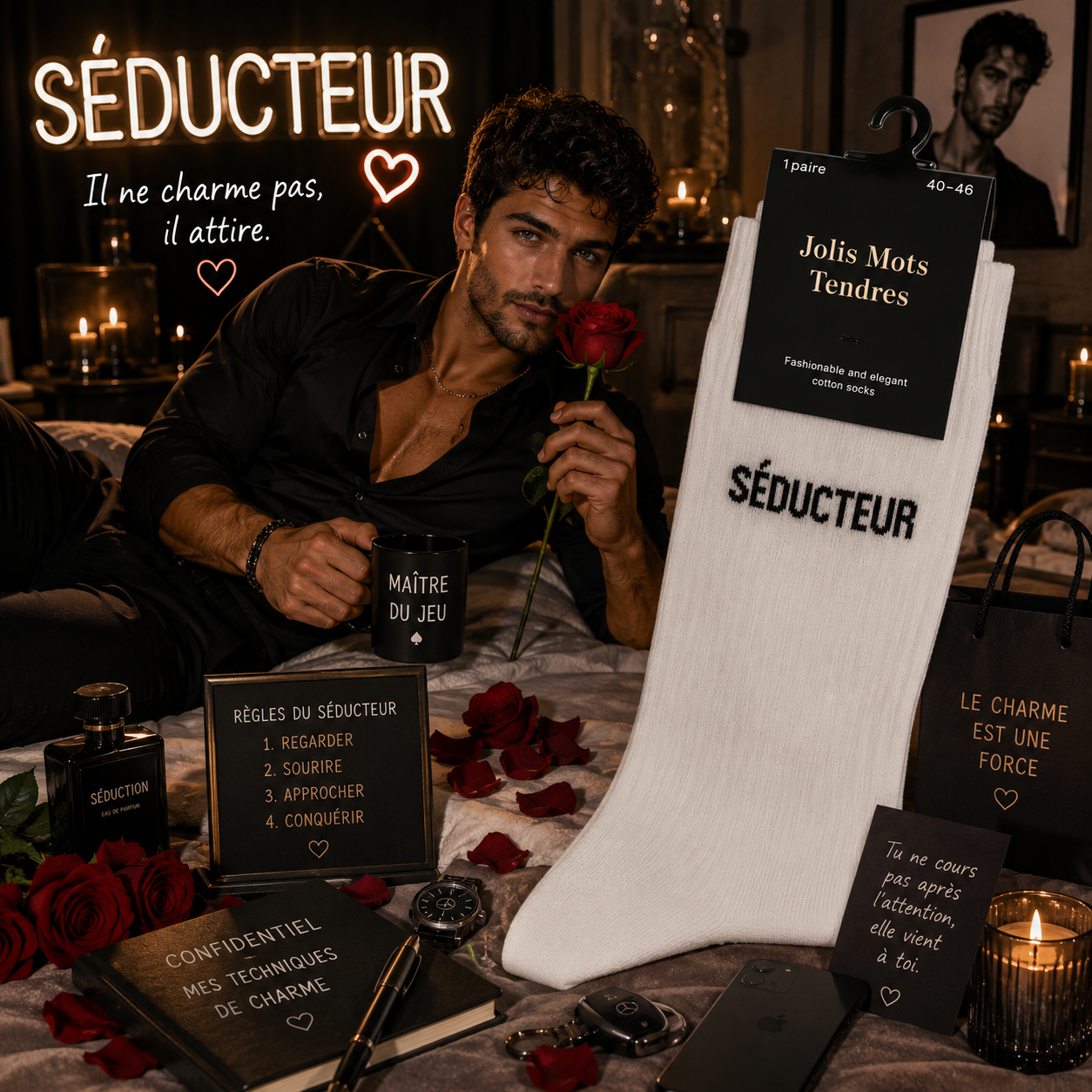 Lot de 5 Paires - Chaussette Pour Homme "SÉDUCTEUR" Blanche - Jolis Mots Tendres