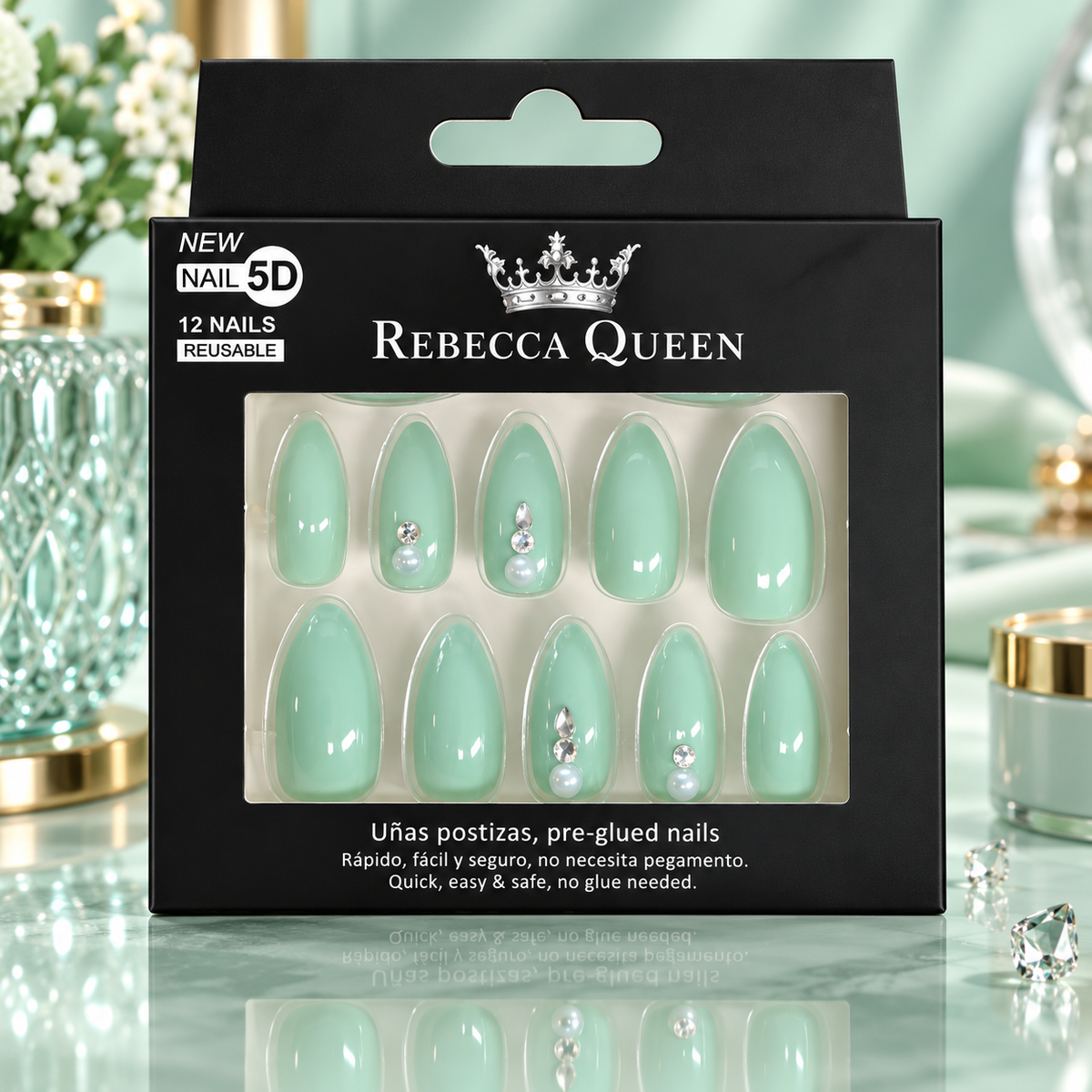 Lot de 12 Pièces - Faux Ongles 5D Rebecca Queen  – Pré-encollés, Réutilisables et Décorés de Strass - Yes Love