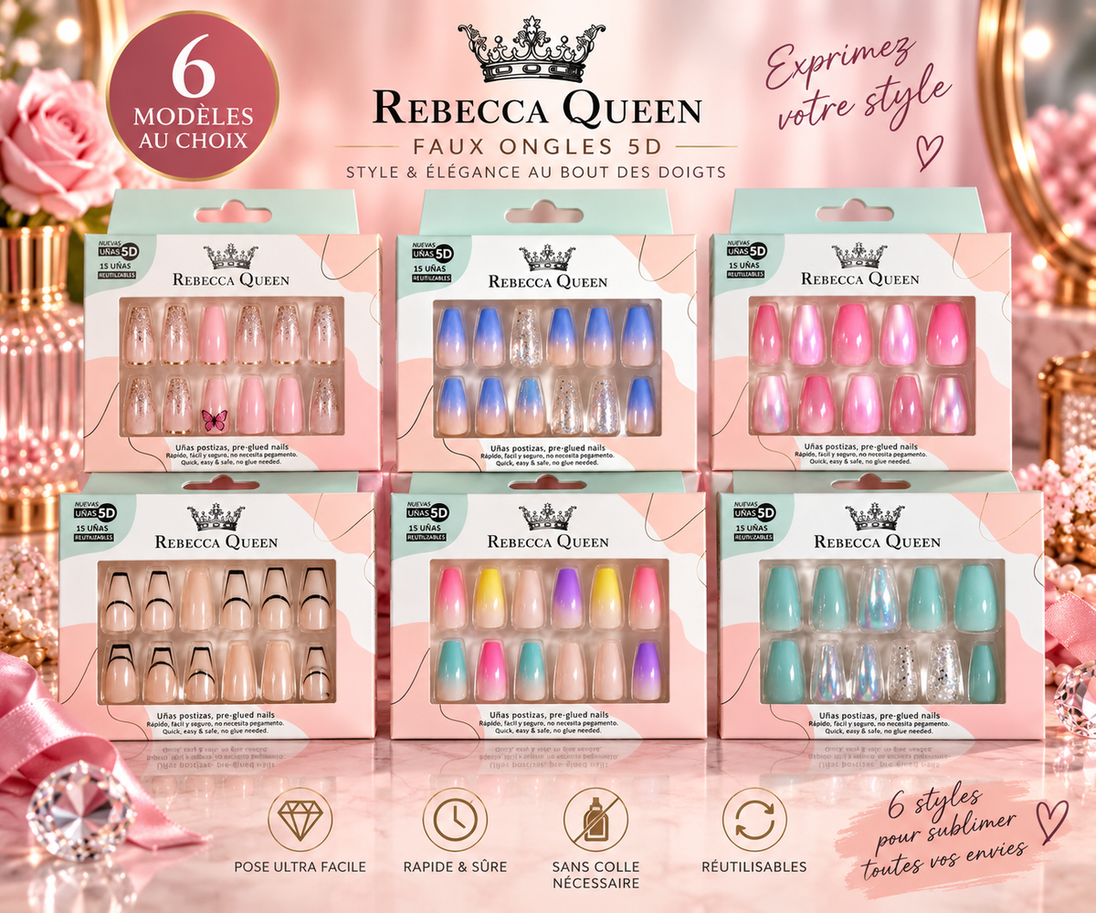 Lot de 12 Pièces - Faux Ongles 5D Rebecca Queen – Pré-encollés, French, Pailletés & Effet Irisé