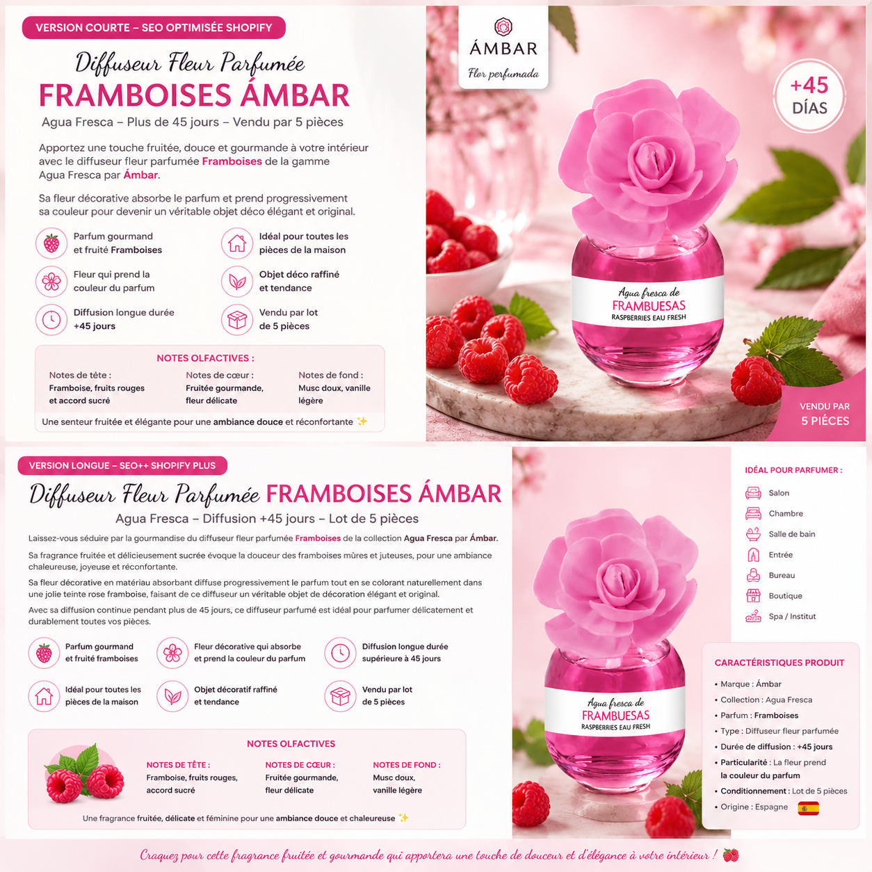 Set of 5 "agua fresca" raspberry 60ml room diffuser flowers - Ambar