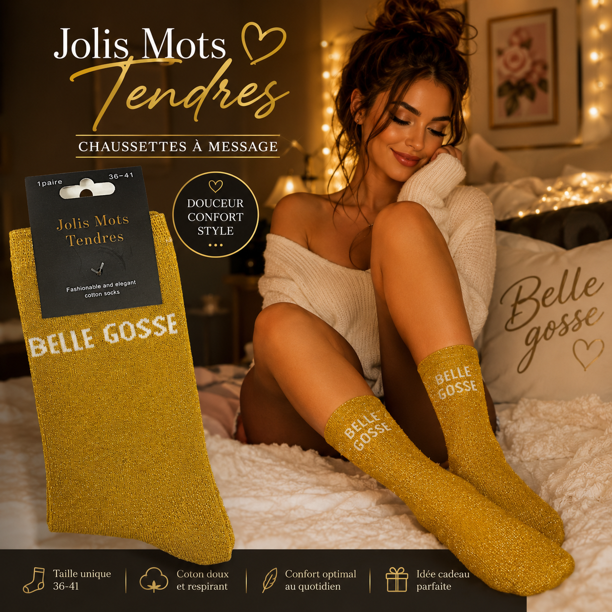 Lot 5 pièces - Paire de Chaussettes Fun "BELLE GOSSE" OR - Jolis Mots Tendres