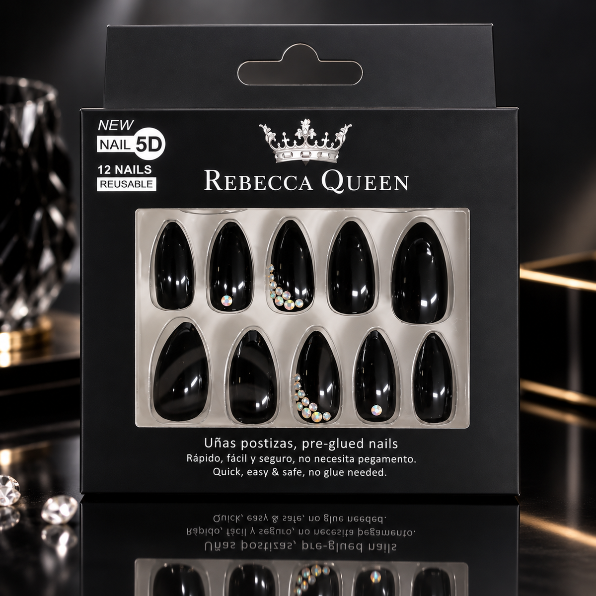 Lot de 12 Pièces - Faux Ongles 5D Rebecca Queen  – Pré-encollés, Réutilisables et Décorés de Strass - Yes Love