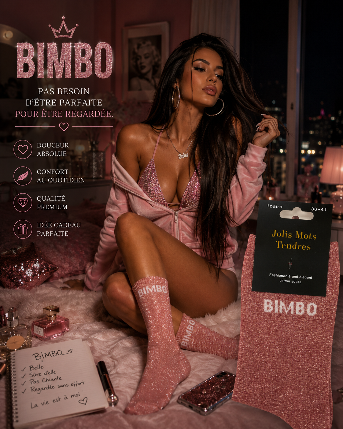Lot De 5 Pièces - Paire De Chaussettes Fun "BIMBO" Rose - Jolis Mots Tendres