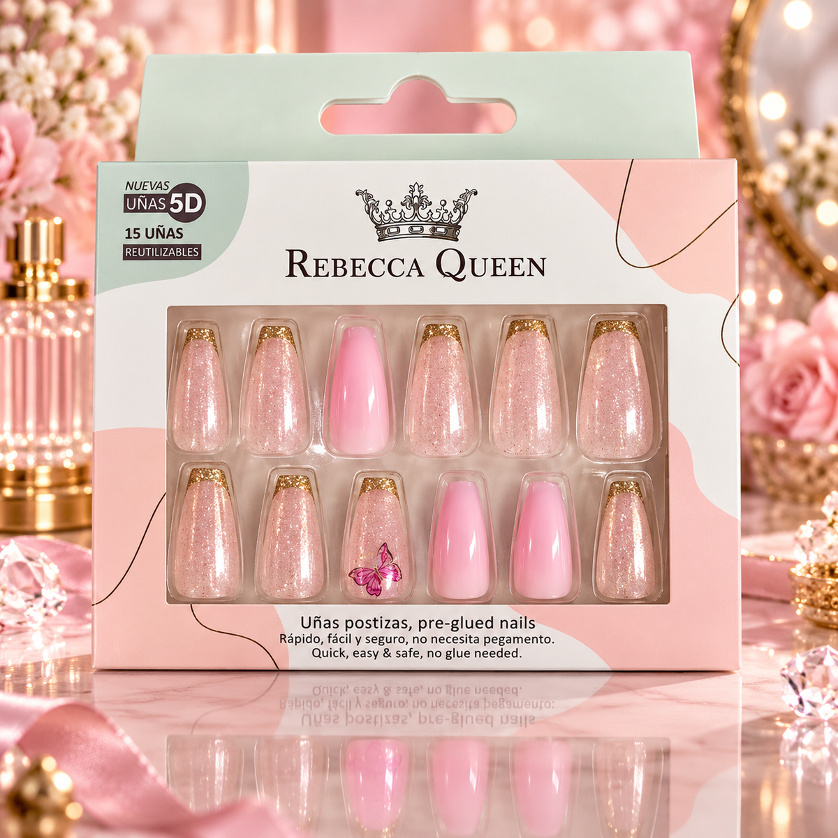 Lot de 12 Pièces - Faux Ongles 5D Rebecca Queen – Pré-encollés, French, Pailletés & Effet Irisé