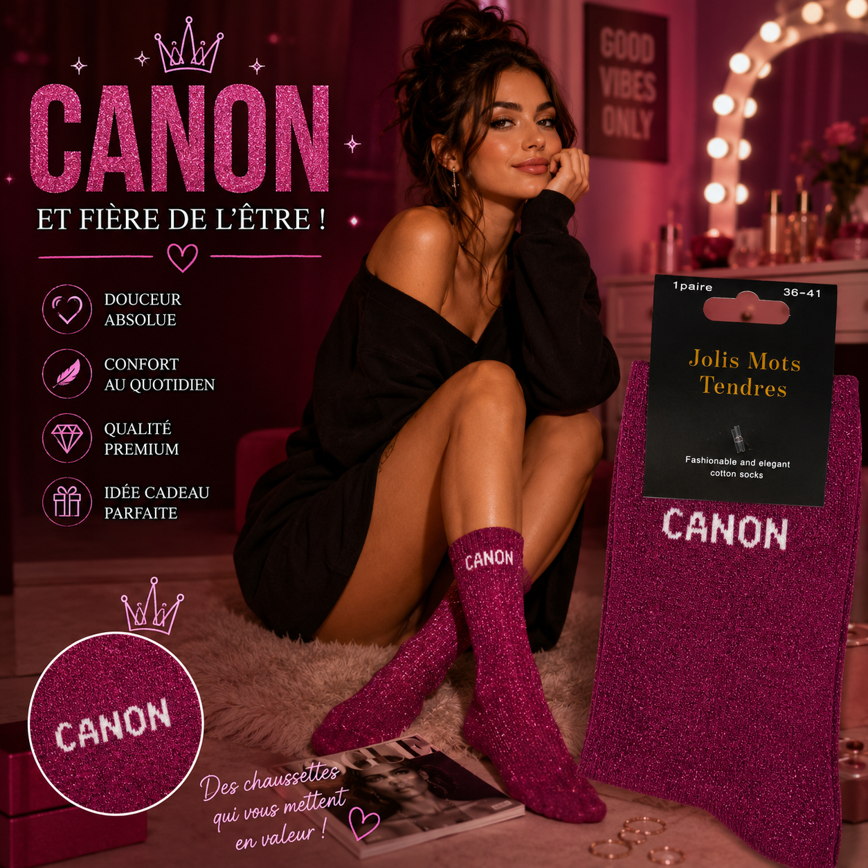 Lot de 5 Pièces - Paire de Chaussette Fun "CANON" Rose - Jolis Mots Tendres