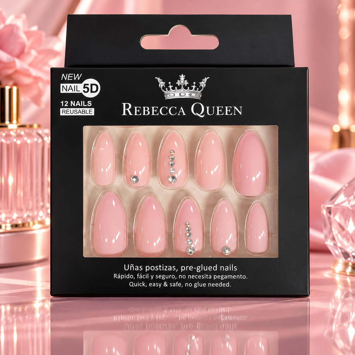 Lot de 12 Pièces - Faux Ongles 5D Rebecca Queen  – Pré-encollés, Réutilisables et Décorés de Strass - Yes Love