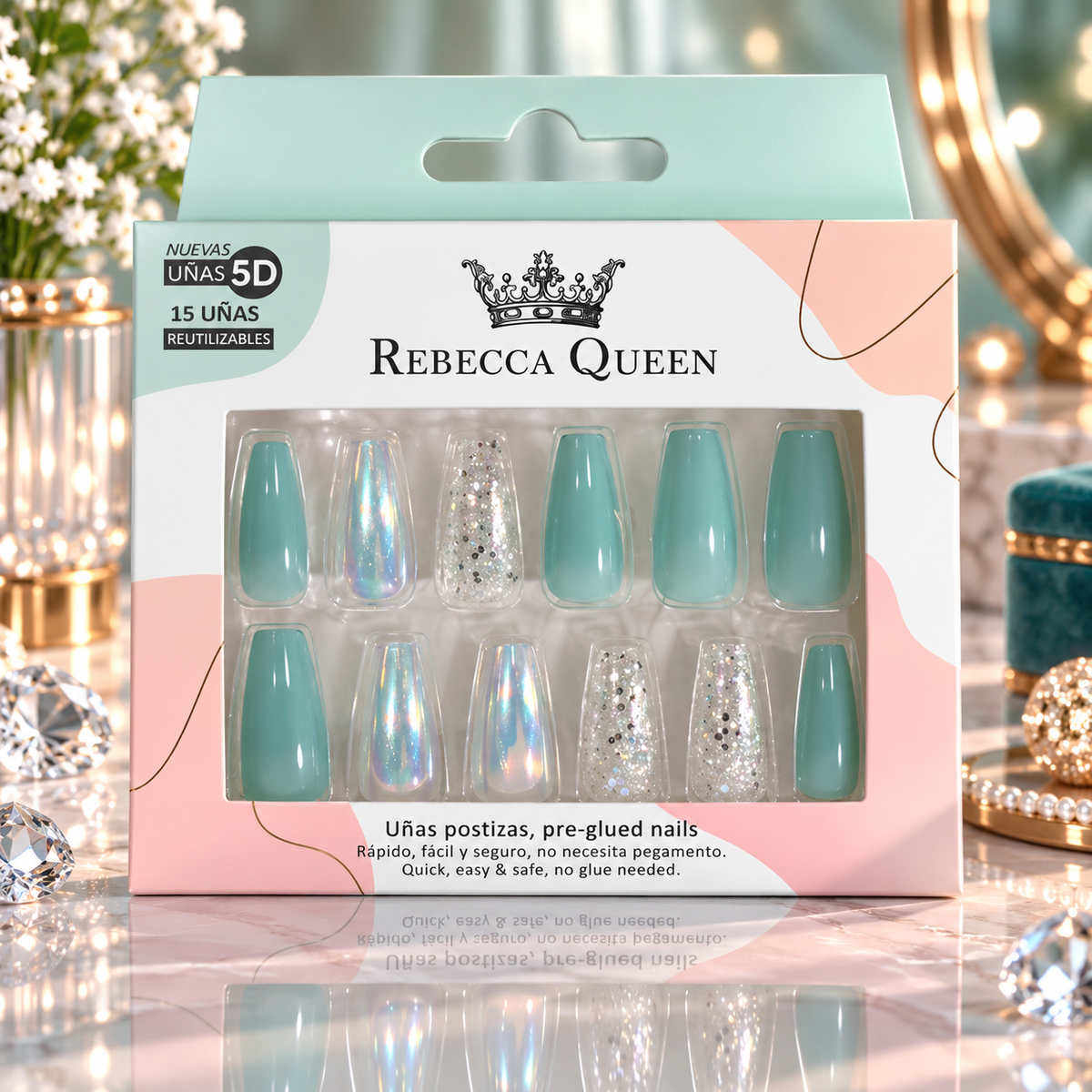 Lot de 12 Pièces - Faux Ongles 5D Rebecca Queen – Pré-encollés, French, Pailletés & Effet Irisé