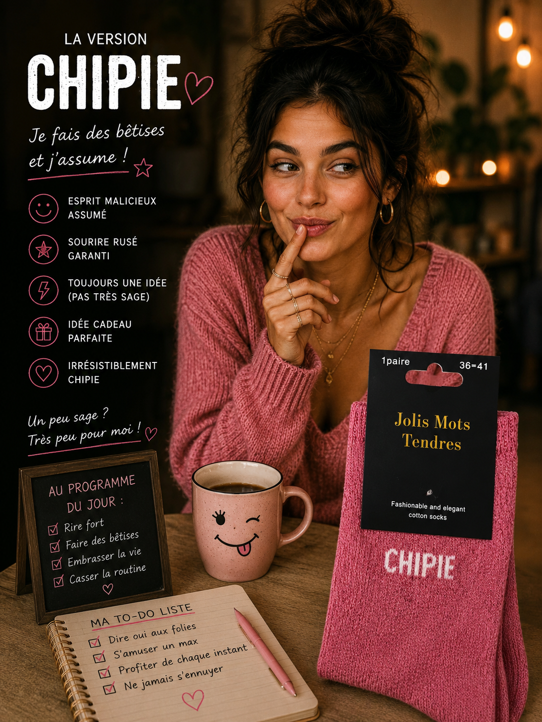 Lot de 5 Pièces - Paire de Chaussette Fun "CHIPIE" Rose - Jolis Mots Tendres
