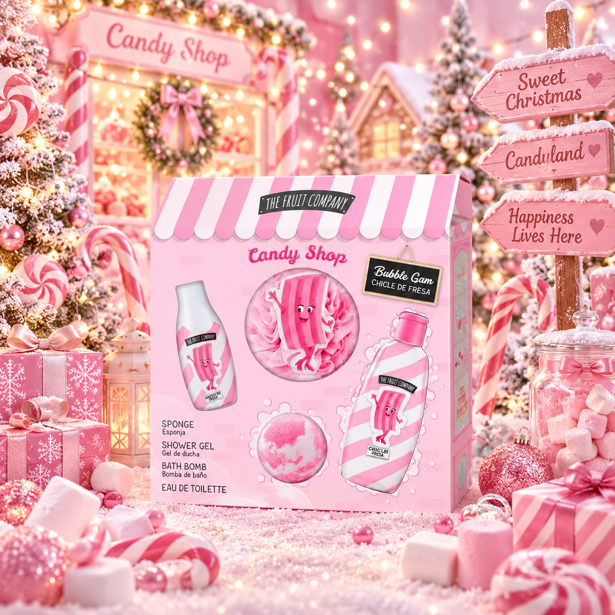 Lot de 3 Coffrets - Coffret Noël de Bain 4 pièces Candy Shop Bubble Gum - The fruit company