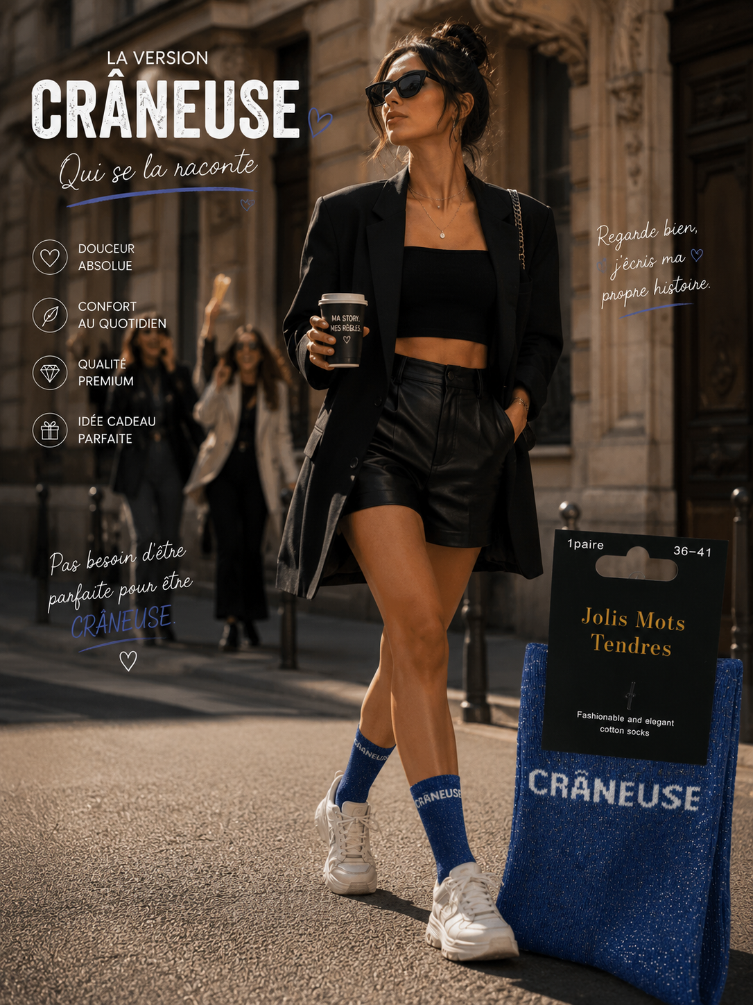Lot De 5 Pièces - Paire De Chaussettes Fun "CRÂNEUSE" Bleues - Jolis Mots Tendres