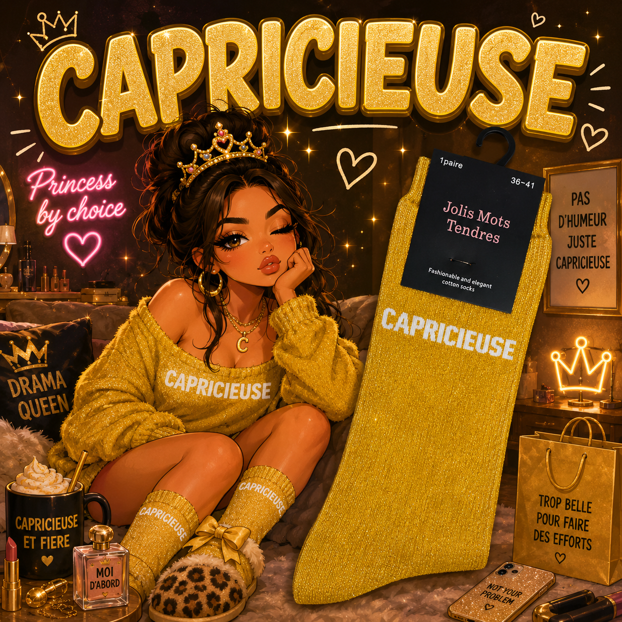 Lot de 5 Pièces - Paire de Chaussettes Fun "CAPRICIEUSE" JAUNE - Jolis Mots Tendres