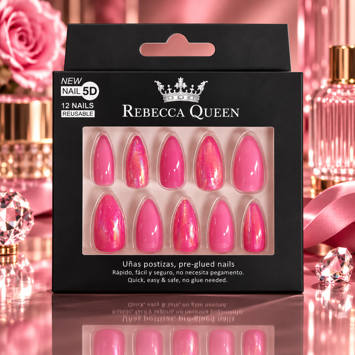 Lot de 12 Pièces - Faux Ongles 5D Rebecca Queen – Pré-encollés, Brillants & Holographiques – Yes Love
