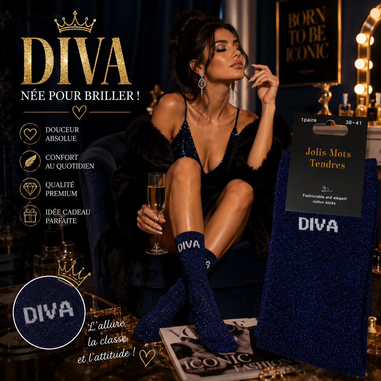 Lot de 5 Pièces - Paire de Chaussette Fun "DIVA" Bleu Nuit - Jolis Mots Tendres