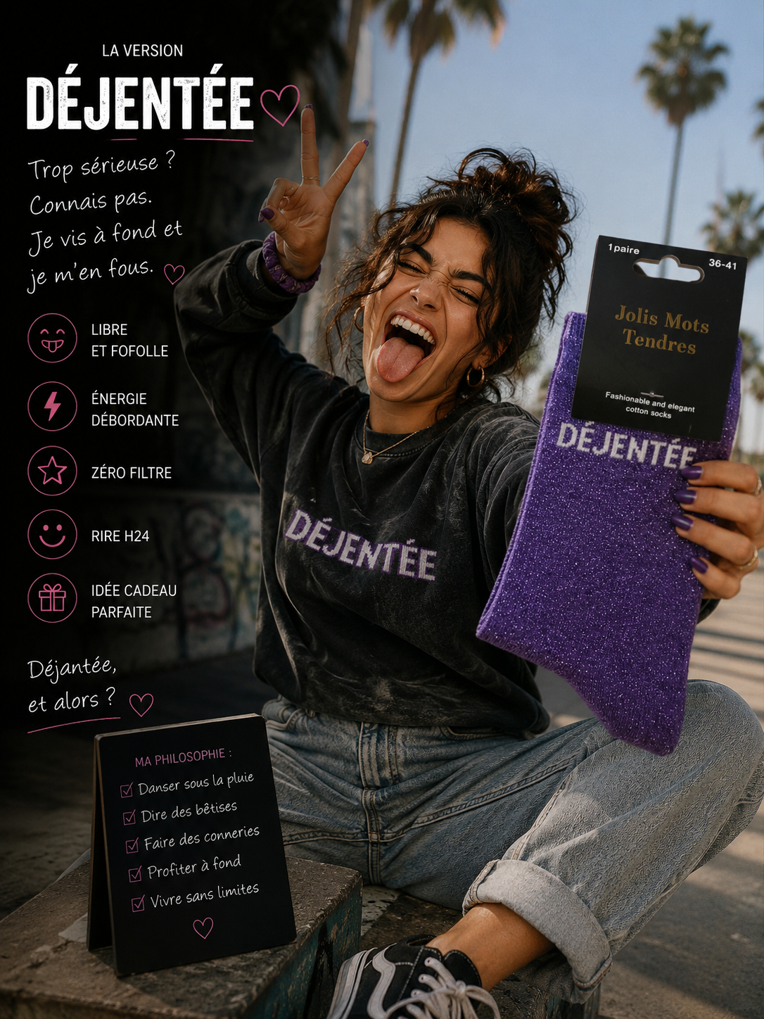Lot De 5 Pièces - Paire De Chaussettes Fun "DÉJENTÉE" Violettes - Jolis Mots Tendres