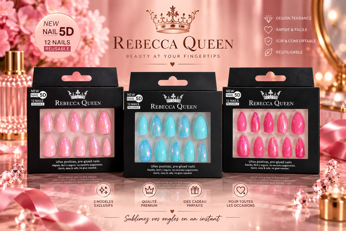 Lot de 12 Pièces - Faux Ongles 5D Rebecca Queen – Pré-encollés, Brillants & Holographiques – Yes Love