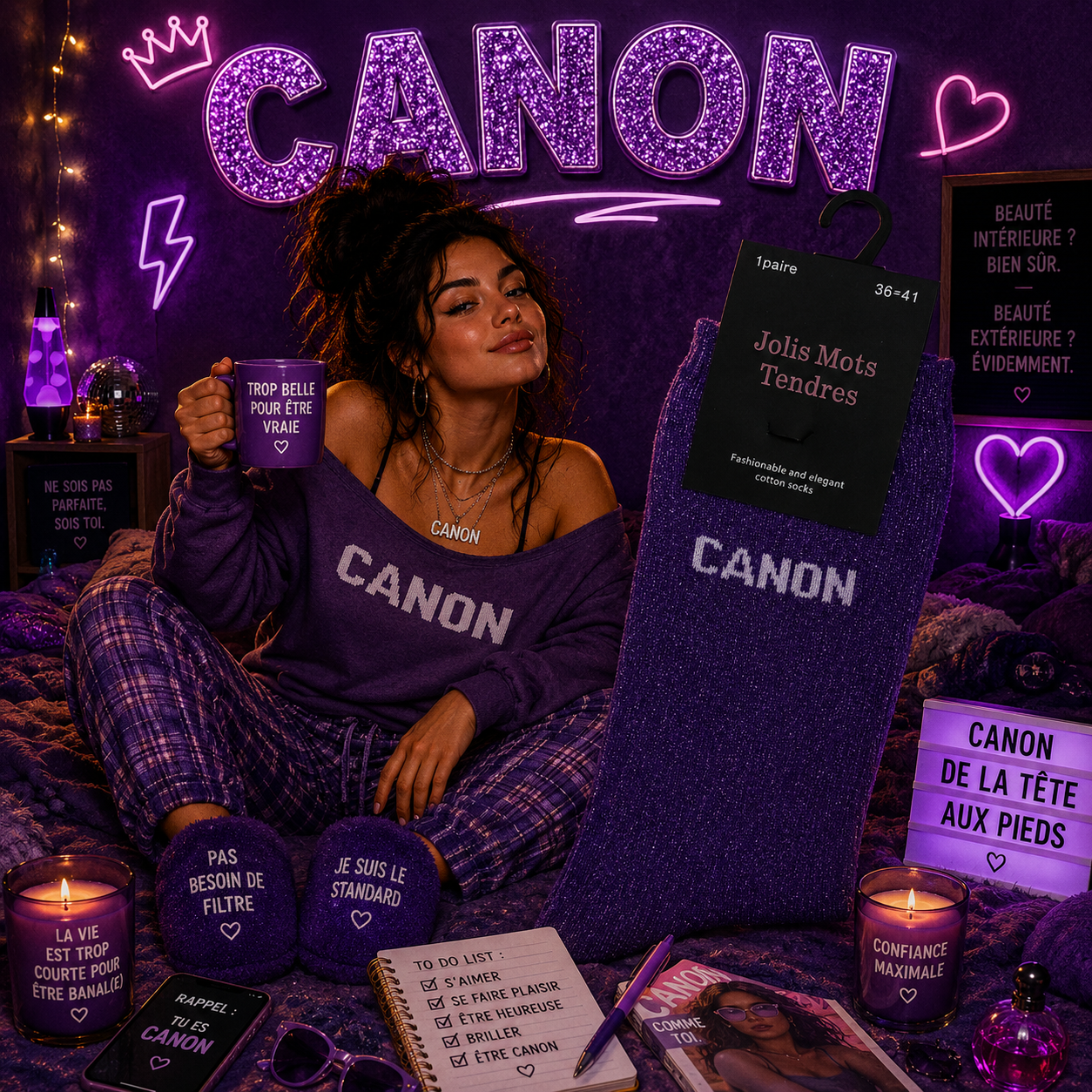 Lot de 5 Pièces - Paire de Chaussettes Fun "CANON" Violet - Jolis Mots Tendres