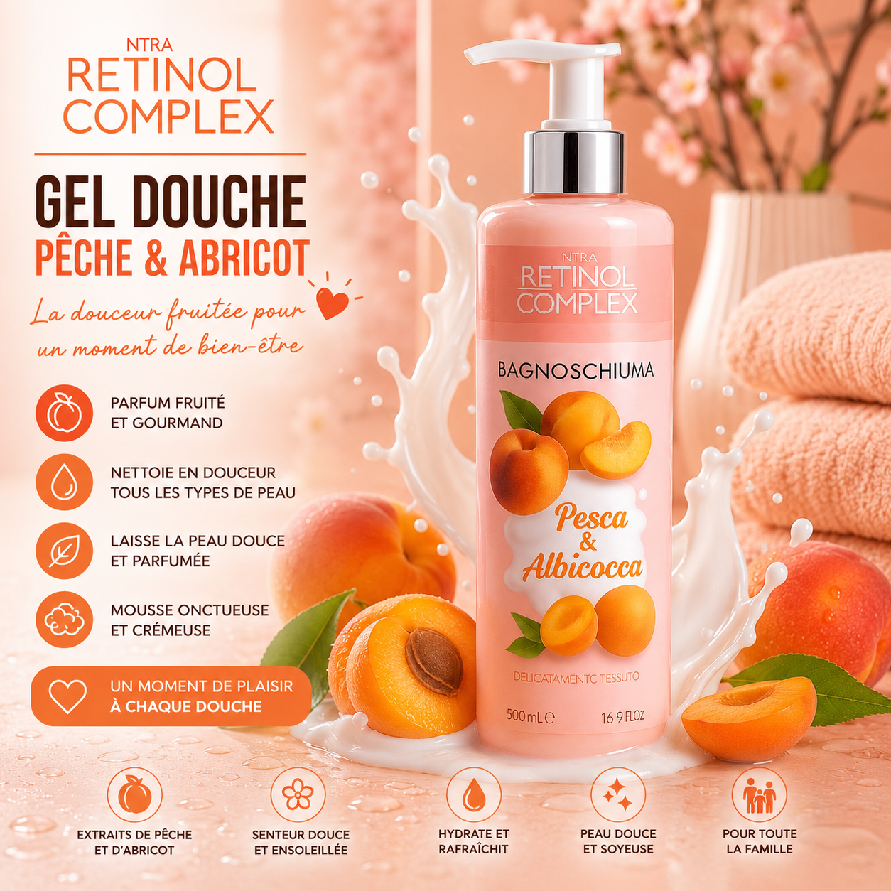 Retinol Complex peach apricot latte shower gel