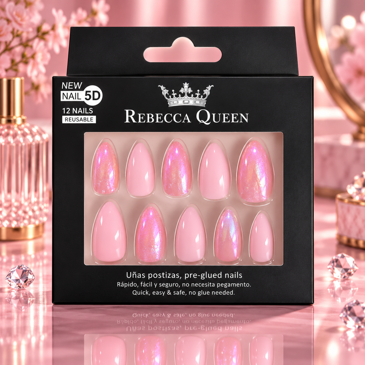 Lot de 12 Pièces - Faux Ongles 5D Rebecca Queen – Pré-encollés, Brillants & Holographiques – Yes Love