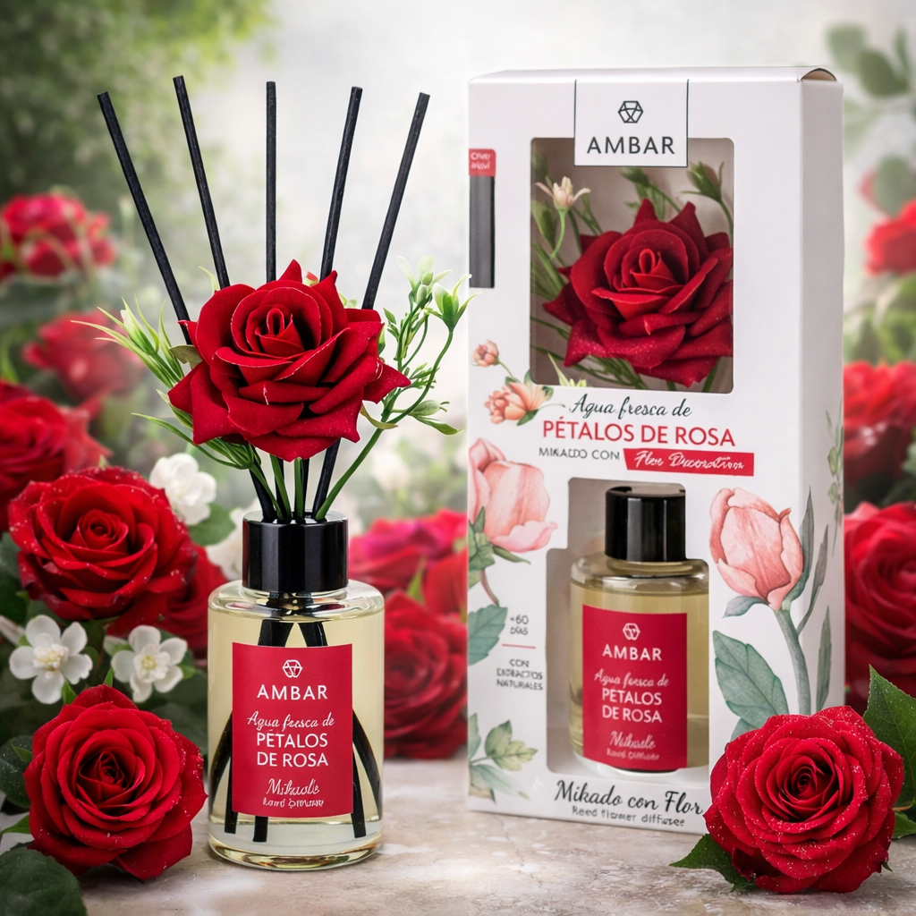 Set of 5 - Mikado Fragrance Diffuser "Agua Fresca" Rose Petals 75ml - Amber