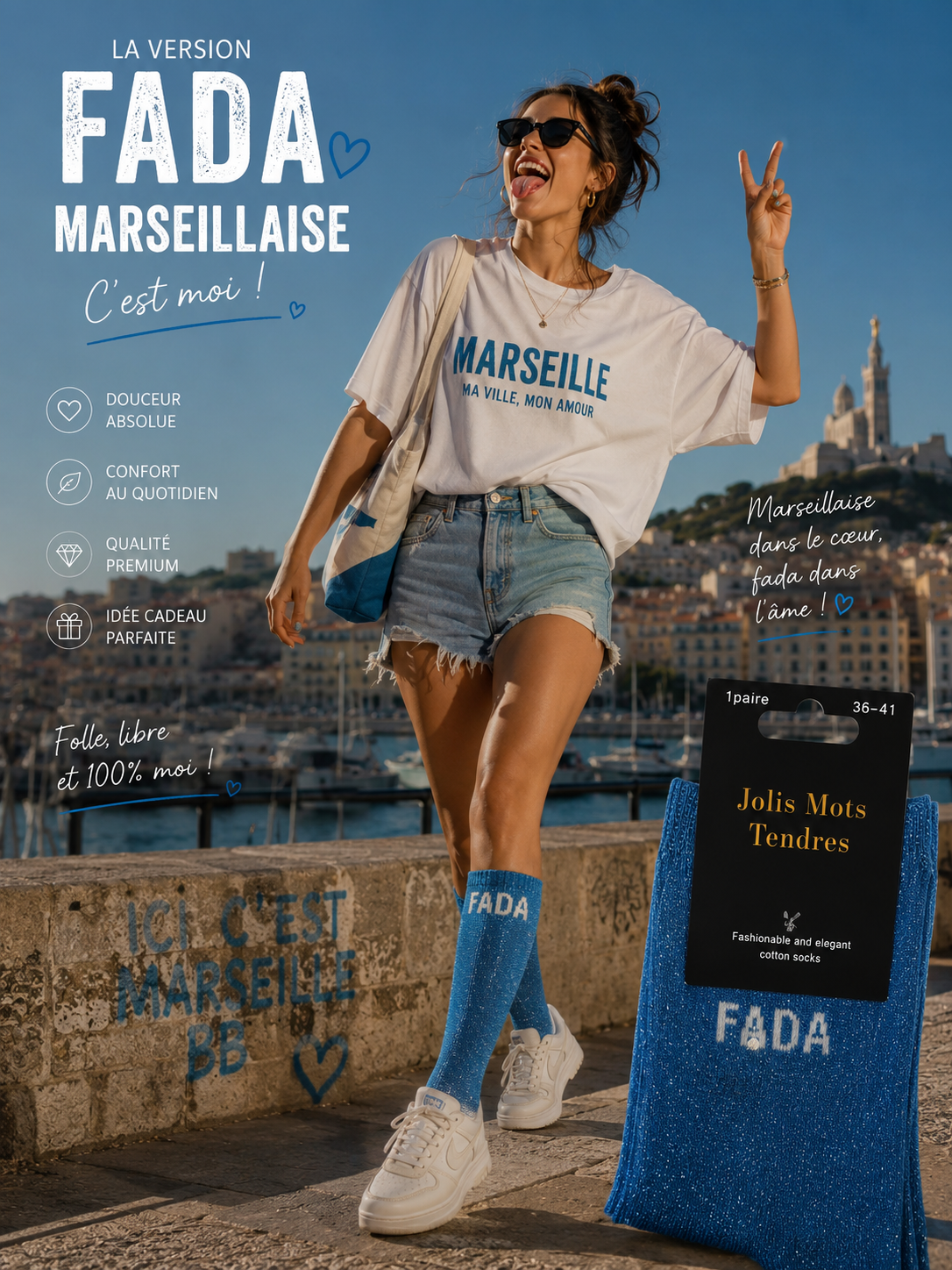 Lot de 5 Pièces - Paire de Chaussette Fun "FADA" Bleu - Jolis Mots tendres