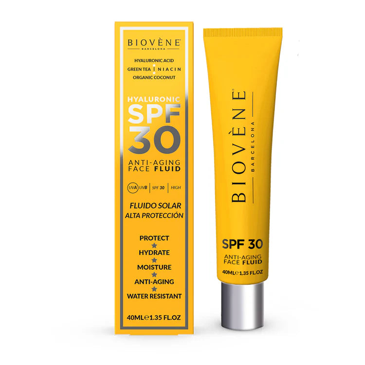Lot de 6 Pièces - Fluide Solaire Visage SPF30 Acide Hyaluronique Haute Protection Anti-Âge – 40 ml - biovene Barcelona
