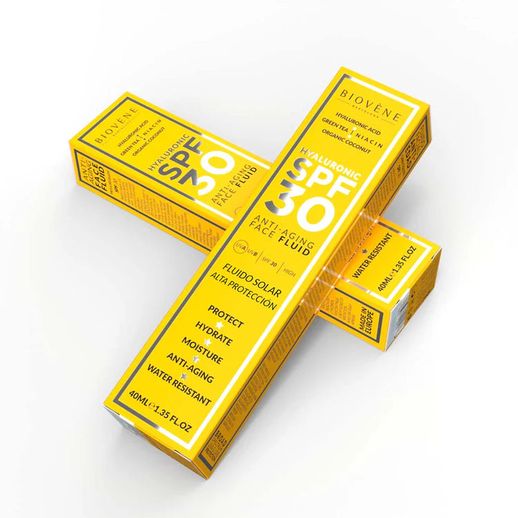 Lot de 6 Pièces - Fluide Solaire Visage SPF30 Acide Hyaluronique Haute Protection Anti-Âge – 40 ml - biovene Barcelona