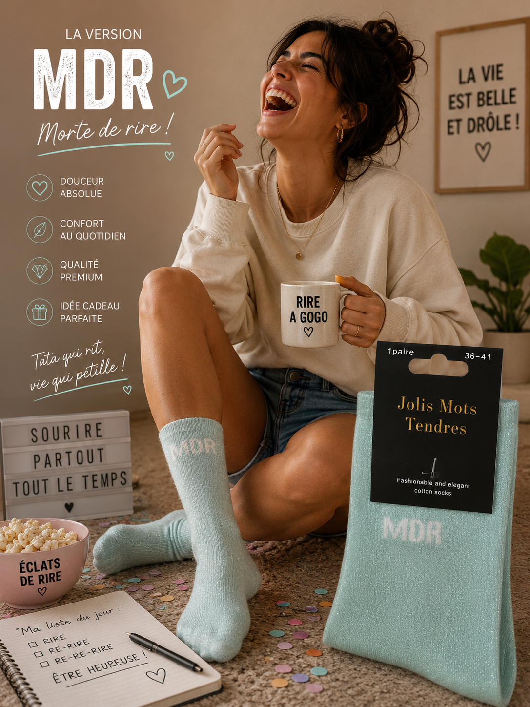 Lot De 5 Pièces - Paire De Chaussettes Fun "MDR" Vert D'Eau - Jolis Mots Tendres