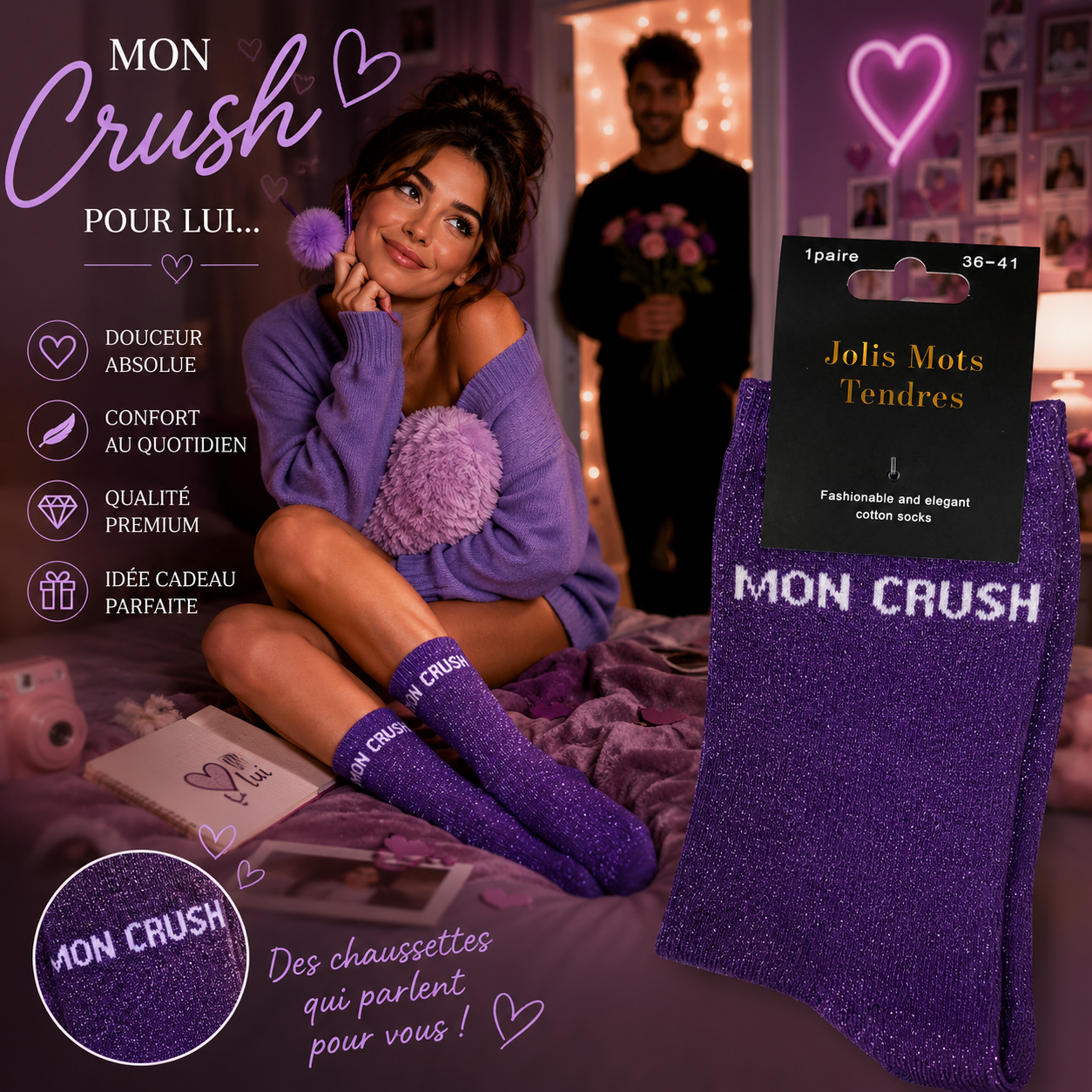 Lot de 5 Pièces - Paire de Chaussettes Fun "Mon Crush" Violette - Jolis Mots Tendres