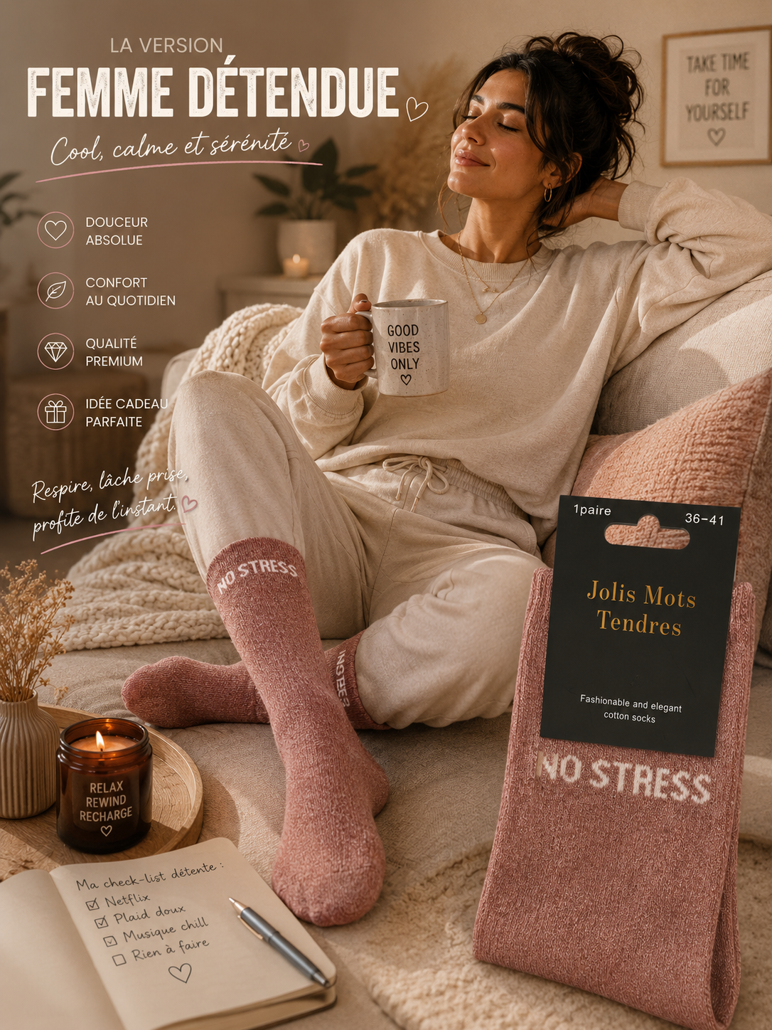 Lot de 5 Pièces - Paire de Chaussette " No Stress" Rose Clair - Jolis Mots Tendres