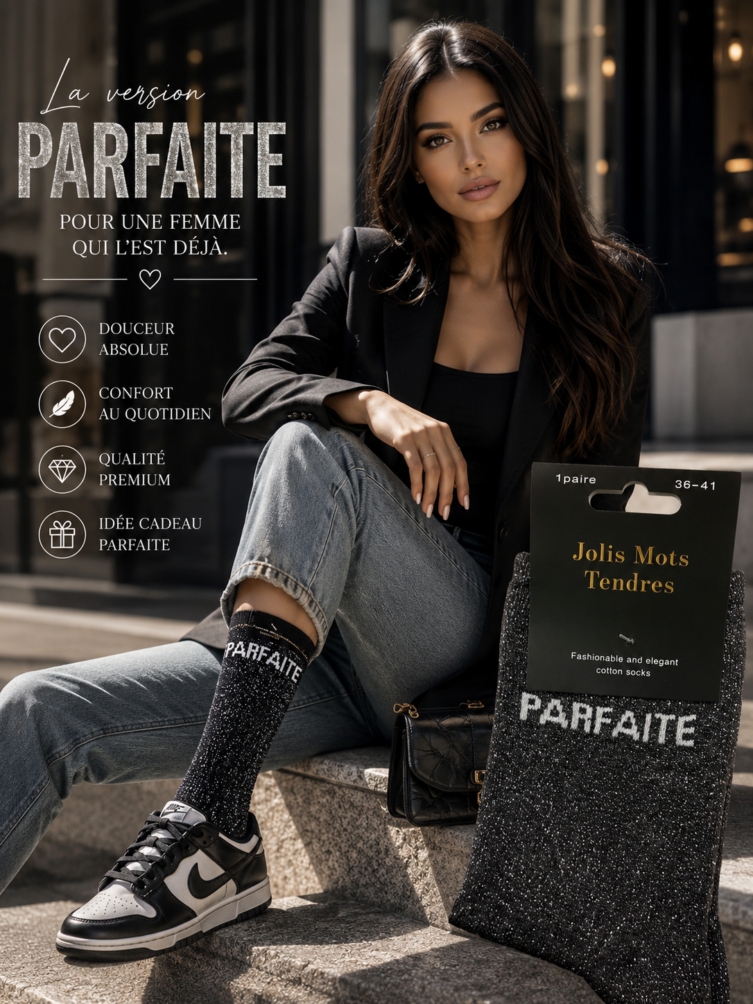 Lot De 5 Pièces - Paires De Chaussettes Fun "PARFAITE" Noires - Jolis Mots Tendres