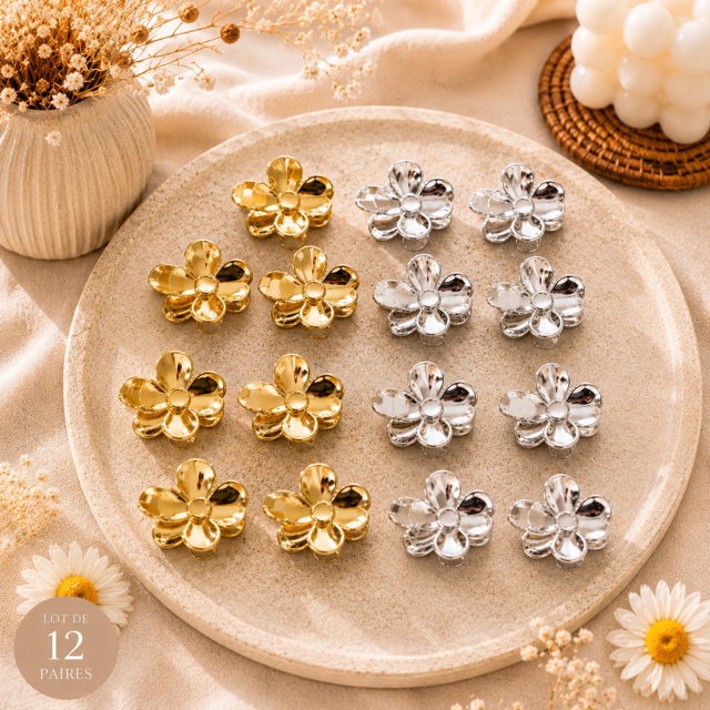 Lot de 12 - Pinces à Cheveux Fleurs Argenté et Doré