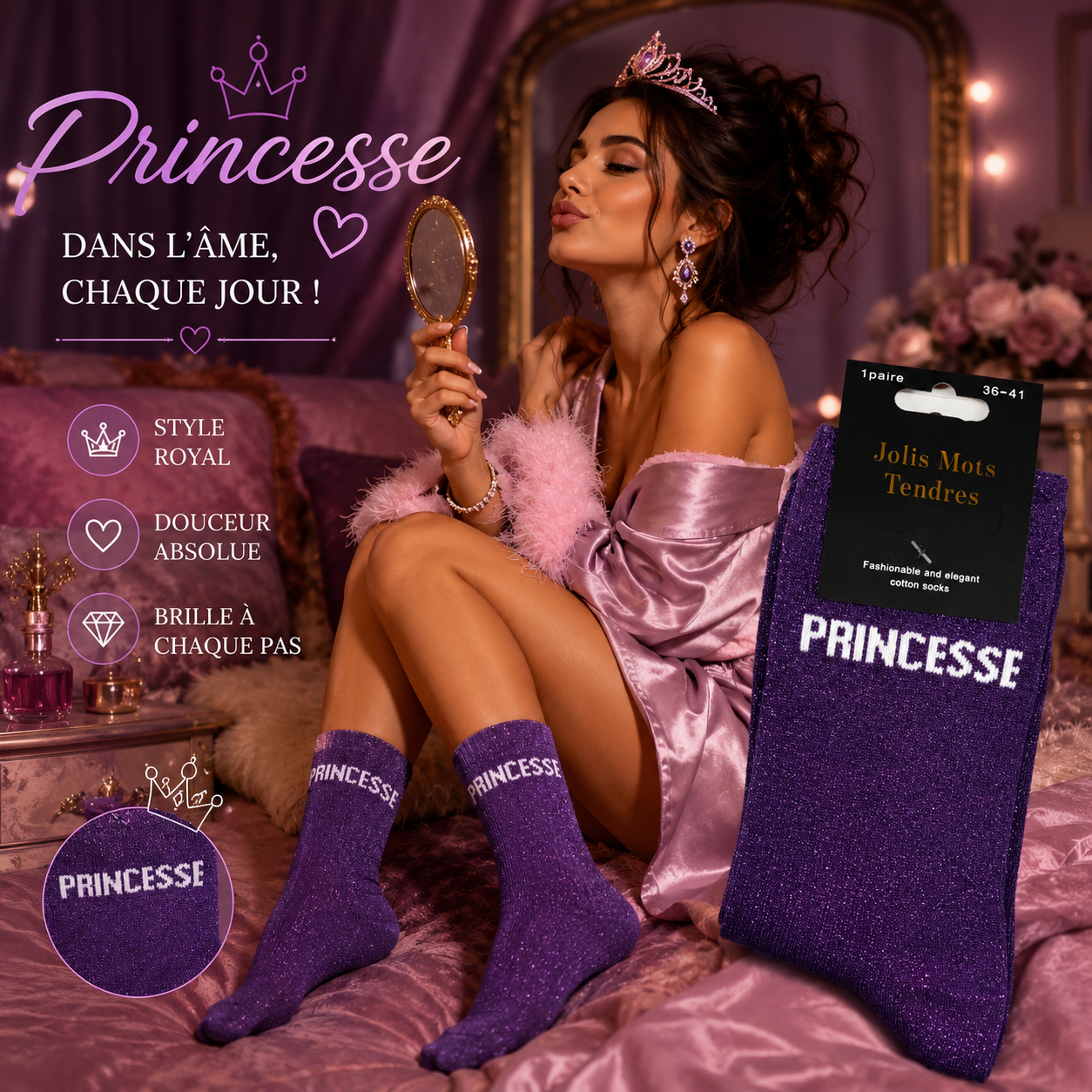Lot de 5 Pièces - Paire de Chaussette Fun "PRINCESSE" Violette - Jolis Mots Tendres