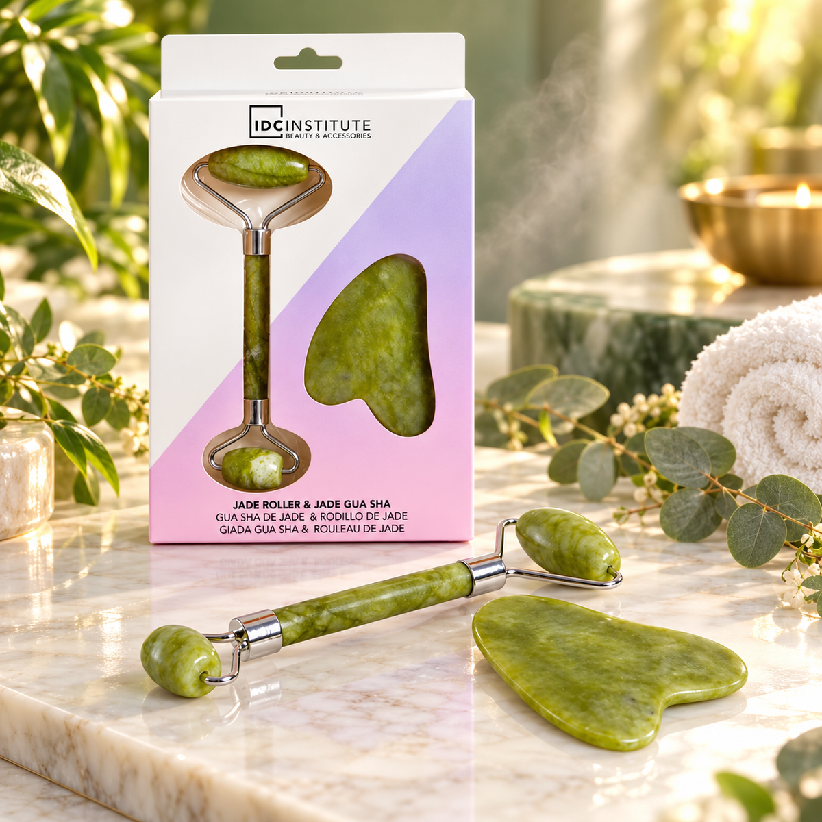 Lot de 4 Pièces -  Coffret Rouleau de Jade & Gua Sha – Accessoires Massage Visage – IDC Institute