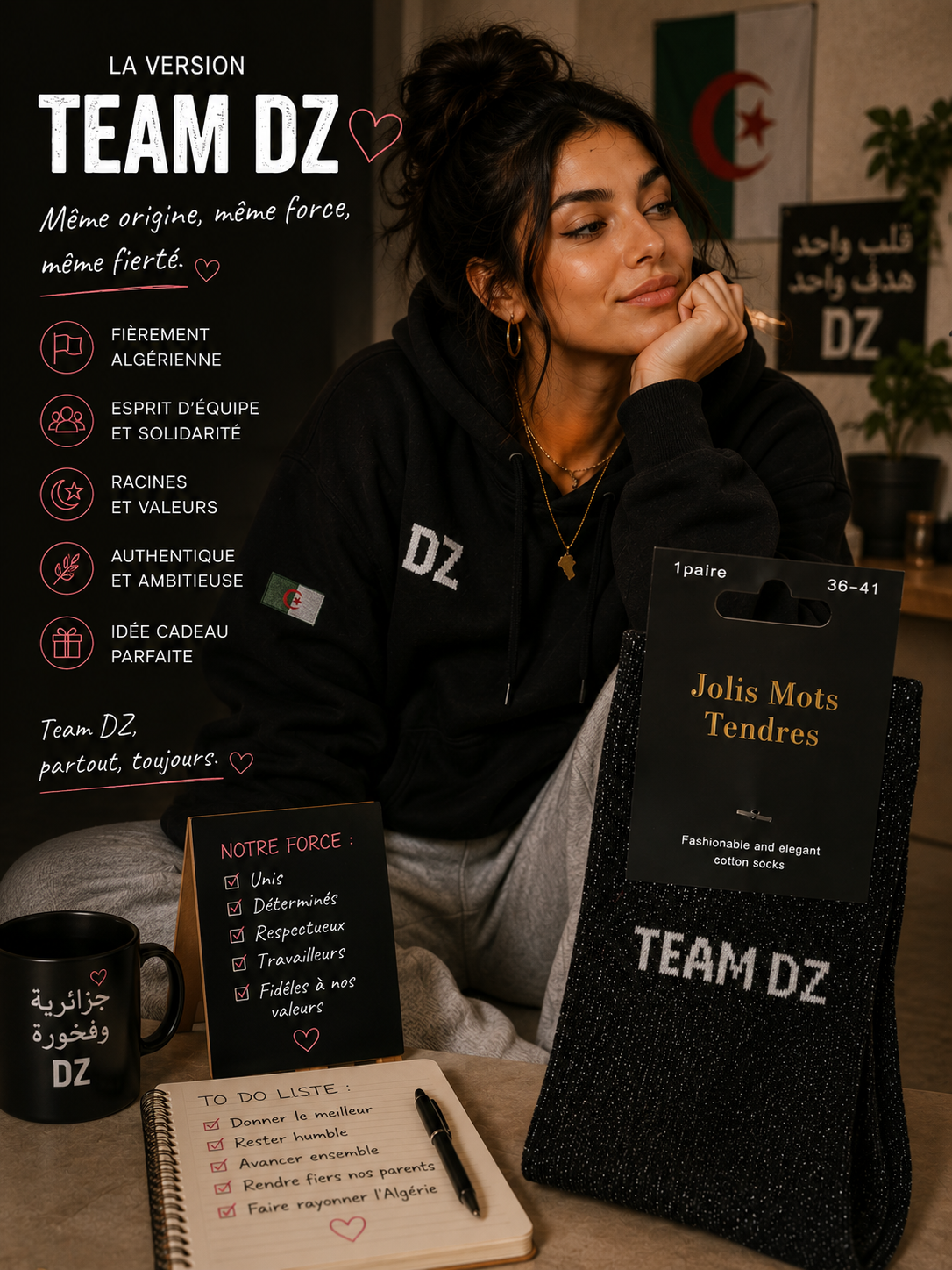 Lot De 5 Pièces - Paire De Chaussettes Fun "TEAM DZ" Noires - Jolis Mots Tendres