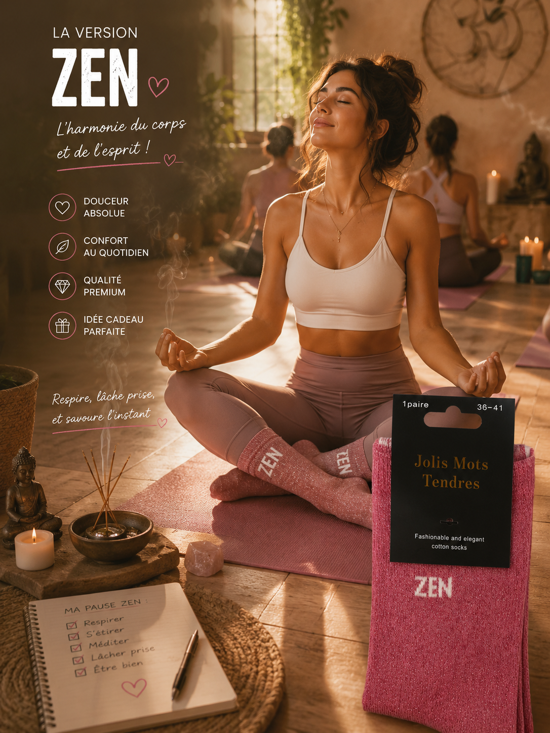 Lot de 5 Pièces - Paire de Chaussette Fun "ZEN" Rose - Jolis Mots Tendres