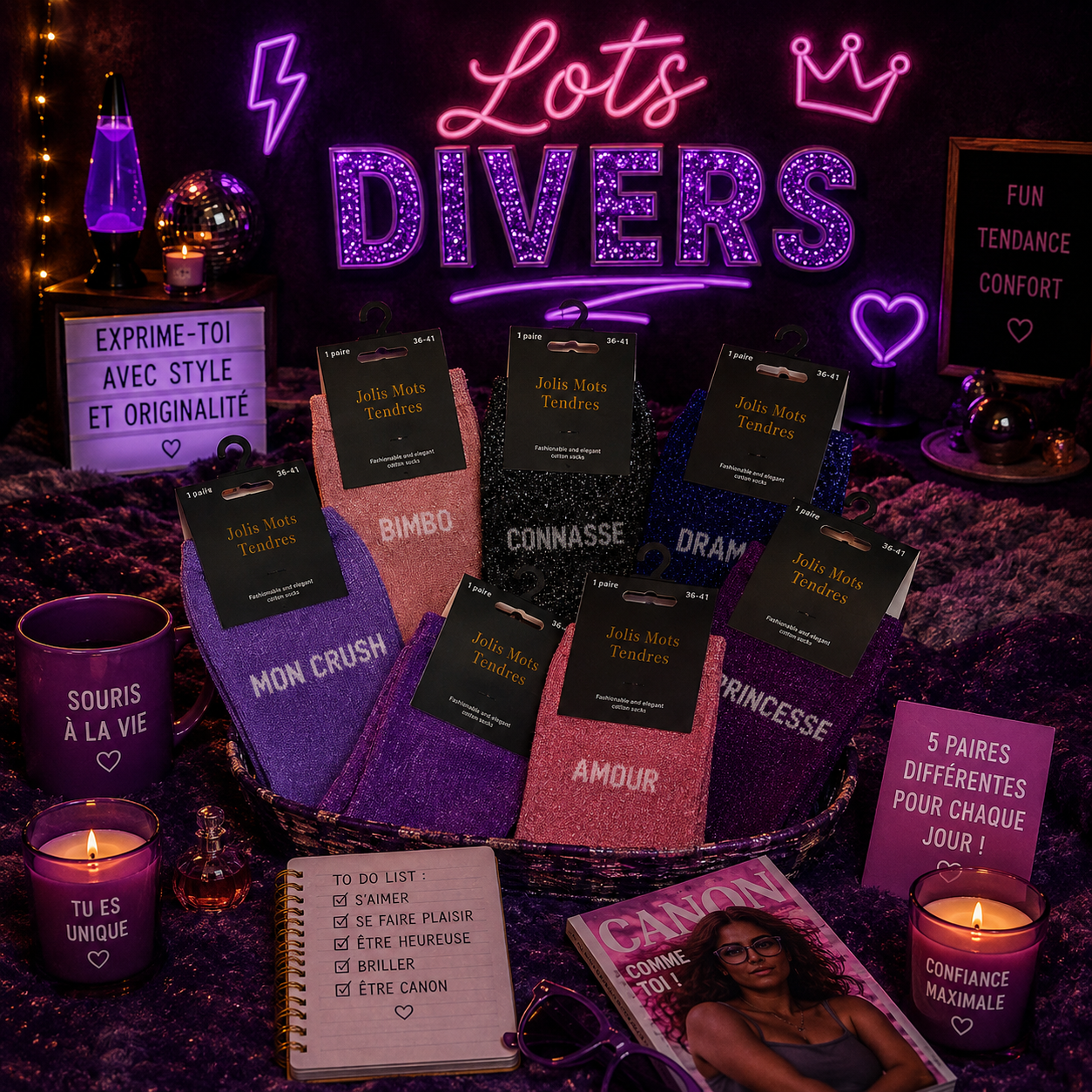 Lot de 5 Pièces - Paire de Chaussettes Fun À Message Divers - Jolis Mots Tendres