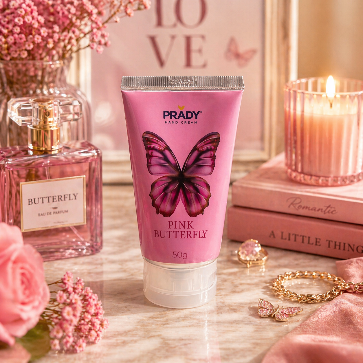 Lot de 12 Pièces - Crème Main Hydratante et Parfumée Pink Butterfly  50G - Prady